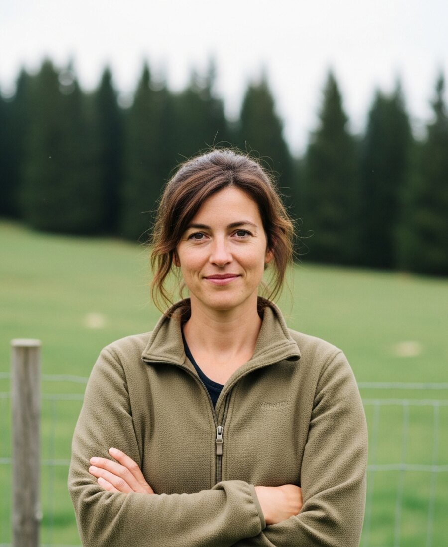 Camille Roussel, éleveuse, portrait en extérieur devant les prés de l'élevage