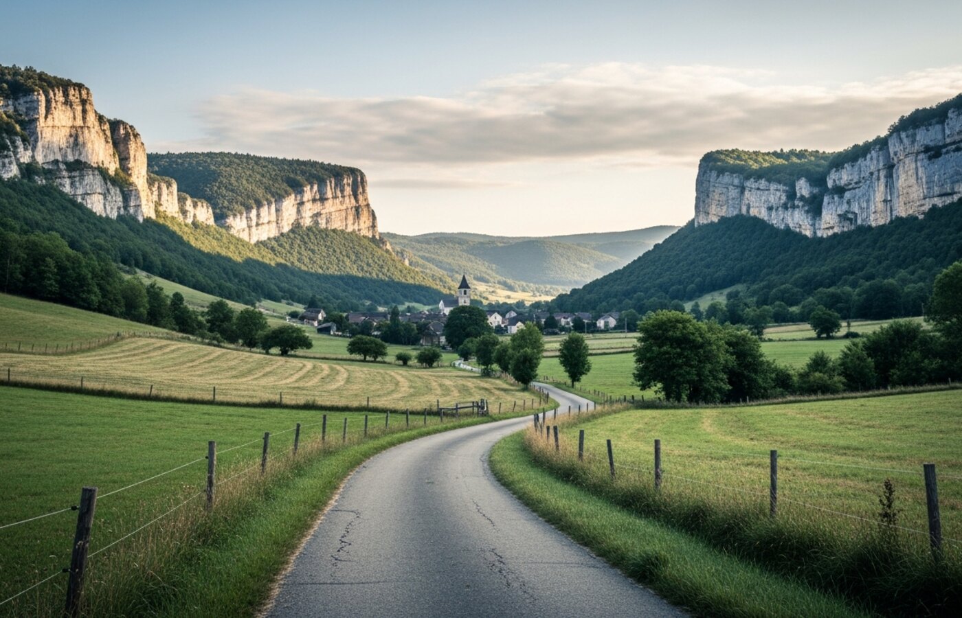 La vallée des Entremonts en Chartreuse, route d'accès à l'élevage entre prés et falaises