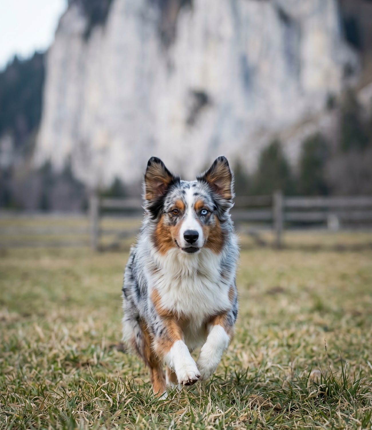 Saga, bergère australienne bleu merle, en pleine course dans une prairie de Chartreuse