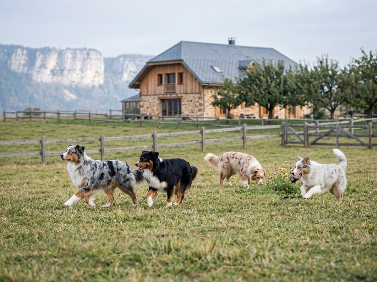 Les quatre chiens de l'élevage jouant dans le pré clôturé devant la maison