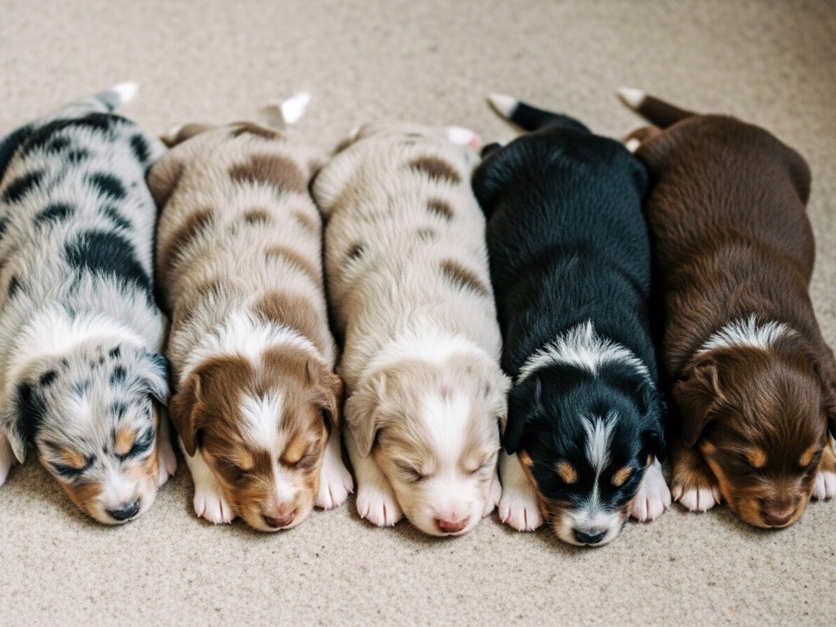 Les cinq chiots de la portée U endormis en rang sur la couverture beige
