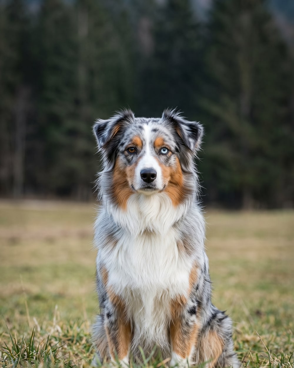 Saga, femelle berger australien bleu merle aux yeux vairons, assise face à l'objectif