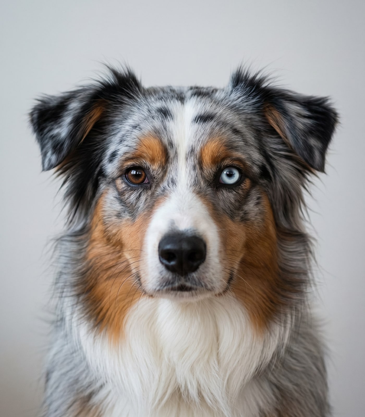 Saga, berger australien bleu merle aux yeux vairons, portrait studio sur fond clair